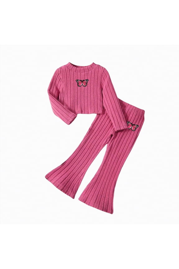 Girls Clothes Set Ruffle Knit Ribbed Long Sleeve T-Shirts Tops and Pants Autumn and Winter Set 3-4 Years,Pink