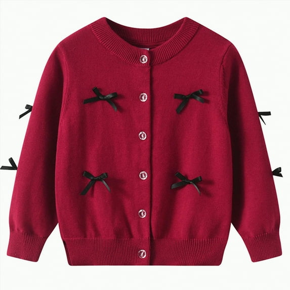 UngA Girls Crewneck Cardigan Long Sleeve Children Button Cotton Toddler Girl Sweater Uniform Sweaters for Little Girls (Red,12-24 Months)
