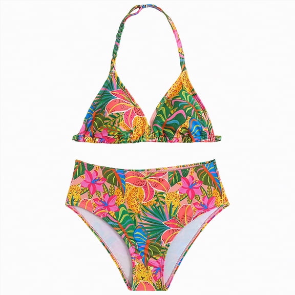UngA Girls Floral Halter Swimsuit High Waisted Triangle Boho 2 Piece Bikini Bathing Suit Girls' Swimwear (Orange,7-8 Years)