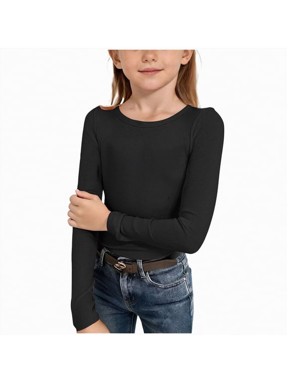Girls Long Sleeve Shirts Kids Crewneck Slim Fit Tops Solid Color Casual Tee Shirt (Black,9-10 Years)