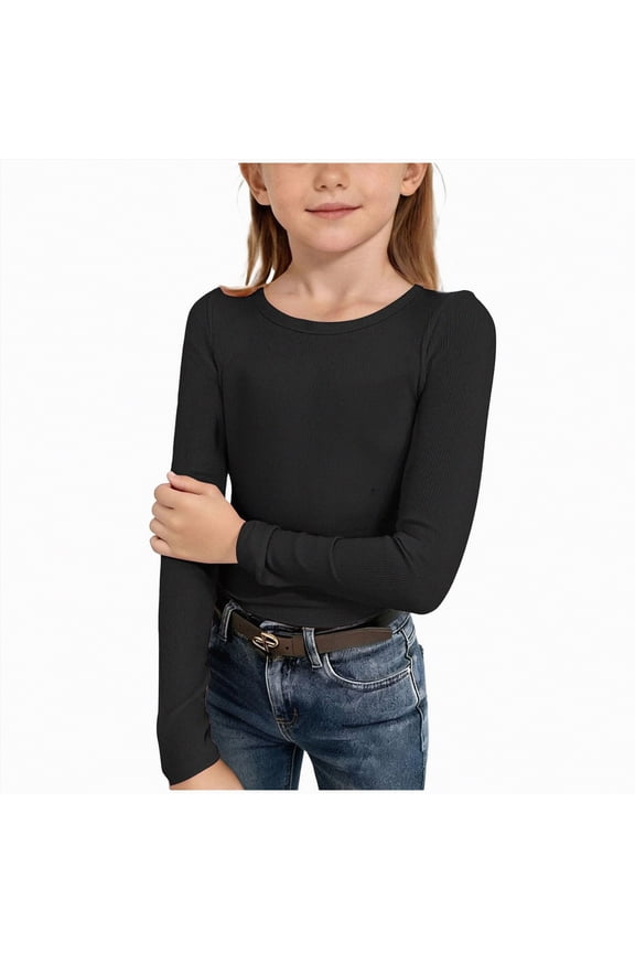 Girls Long Sleeve Shirts Kids Crewneck Slim Fit Tops Solid Color Casual Tee Shirt (Black,9-10 Years)