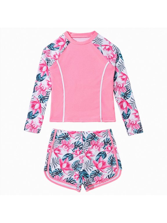 Girls Long Sleeve Swimsuit Two Piece Rash Guard Bathing Suit for Girls UPF 50+ UV Protective Swimwear (Pink,8-9 Years)