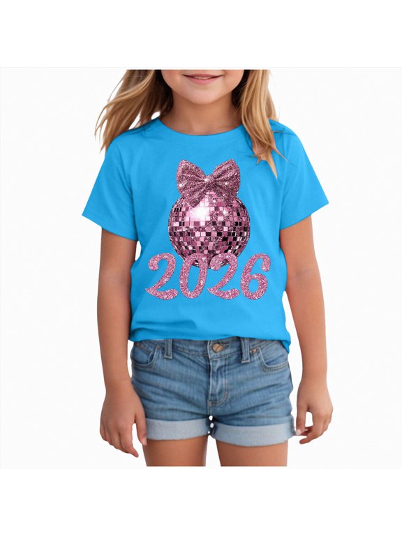 Girls Short Sleeve T Shirts Kids Toddler Glitter 2026 Graphic Print Summer Tops Crewneck Basic Casual Loose Soft Tees Shirts (Blue,13-14 Years)
