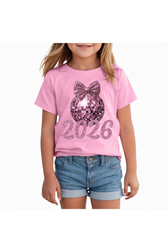 Girls Short Sleeve T Shirts Kids Toddler Glitter 2026 Graphic Print Summer Tops Crewneck Basic Casual Loose Soft Tees Shirts (Pink,7-8 Years)