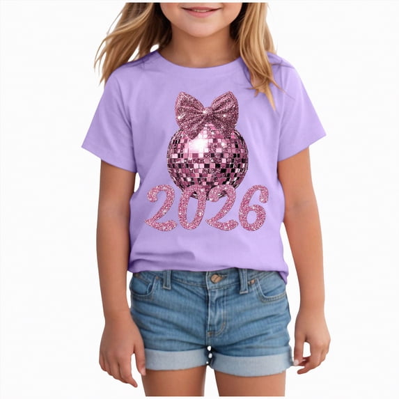 UngA Girls Short Sleeve T Shirts Kids Toddler Glitter 2026 Graphic Print Summer Tops Crewneck Basic Casual Loose Soft Tees Shirts (Purple,7-8 Years)