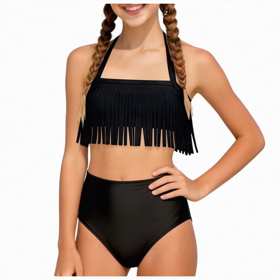 UngA Girls Swimsuit 2 Piece Bikini Set Tiered Ruffled Bathing Suit Girls' Halter Swimwear 3-14 Years,Dark Gray