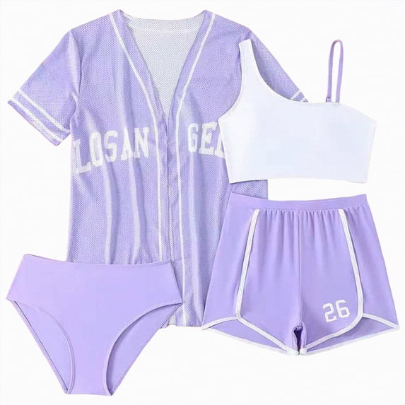 UngA Girls Swimsuit 4 Piece Bathing Suit Bikini Set Girls' Comfortable Sport Swimwear with Shorts (Purple,8-9 Years)