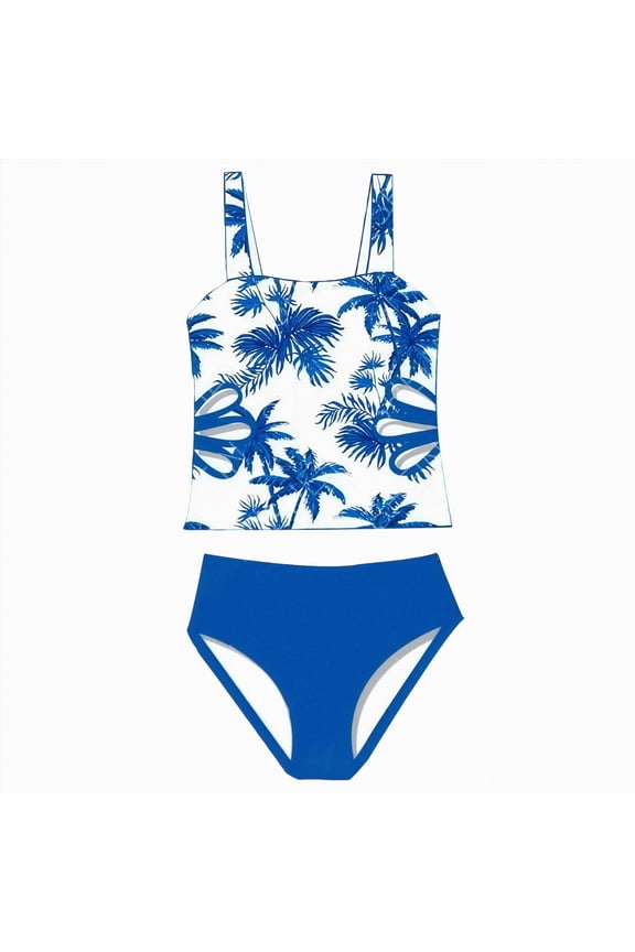 Girls Swimsuit Boho Beach Vacation 2 Piece Bathing Suits Cute Summer Cutout Hawaiian Tropical Print Tankini Sets (Blue,8-9 Years)