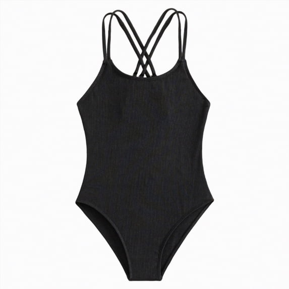 UngA Girls Swimsuit Criss Cross One Piece Bathing Suit for Girls Solid Color Adjustable Straps Swimwear (Black,9-10 Years)