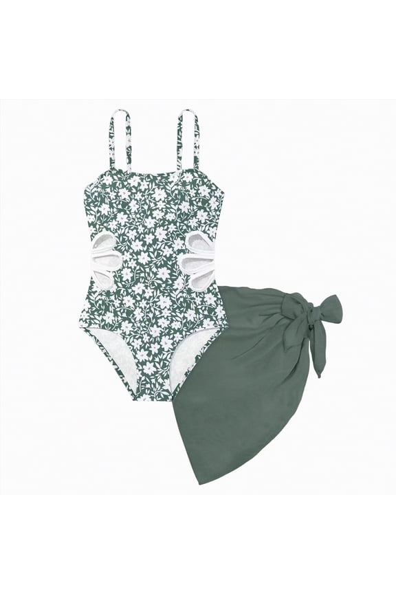 Girls Swimsuit Cut Out One Piece Bathing Suit for Girls Adjustable Straps Swimwear with Cover Up Skirt (Green,7-8 Years)