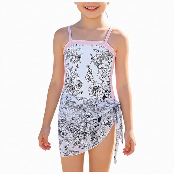UngA Girls Swimsuit One Piece Swim Dress Strappy Bathing Suit for Girls Full Coverage Swimwear with Skirt (Black,10-11 Years)