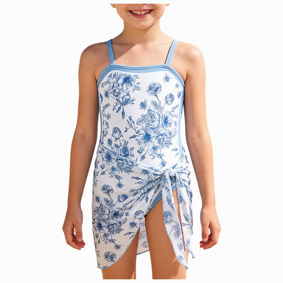 UngA Girls Swimsuit One Piece Swim Dress Strappy Bathing Suit for Girls Full Coverage Swimwear with Skirt (Light Blue,10-11 Years)