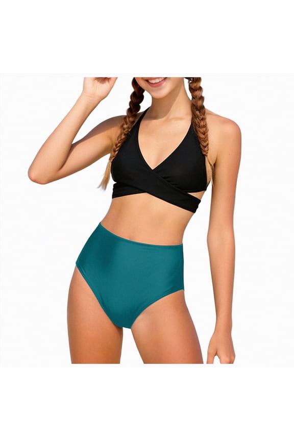 Girls Swimsuits Bikini Set Two Piece Swimsuit for Girls Criss Cross Bathing Suit Girls' Halter Swimwear 3-14 Years,Green