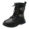 thumbnail image 1 of UngA Girls Tall Boots Kid's Girls Leather Lace-Up Zipper Mid Calf Combat Riding Winter Boots Black,1.5, 1 of 7