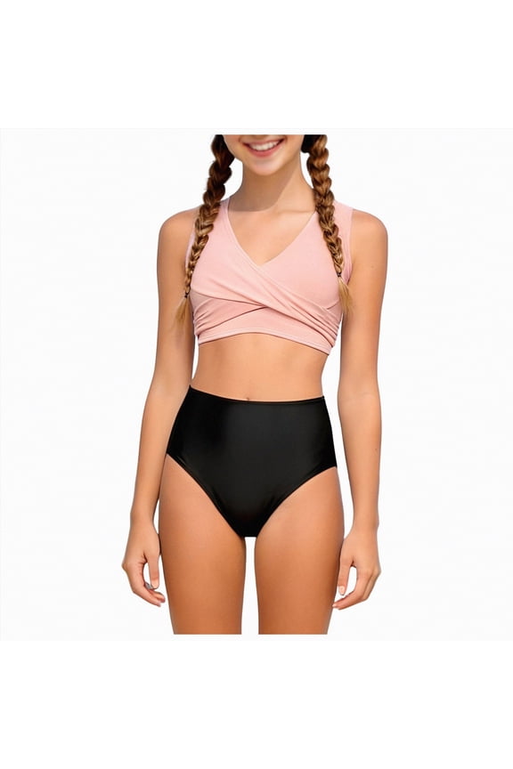 Girls Two Piece Swimsuits Bikini Sets V Neck Cross Twist Front Bathing Suit for Girls Swimwear 3-14 Years,Pink