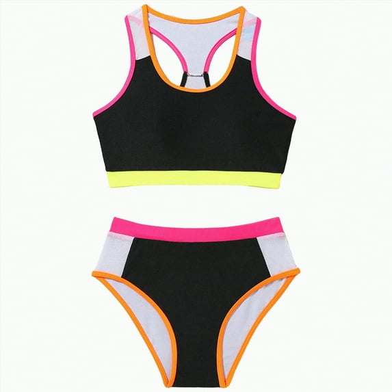 UngA Girls Two Piece Swimsuits High Waisted Bikini Set Modest Color Block Bathing Suits for Girls Swimwear (Black,8-9 Years)