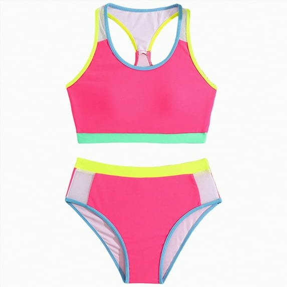UngA Girls Two Piece Swimsuits High Waisted Bikini Set Modest Color Block Bathing Suits for Girls Swimwear (Hot Pink,10-11 Years)