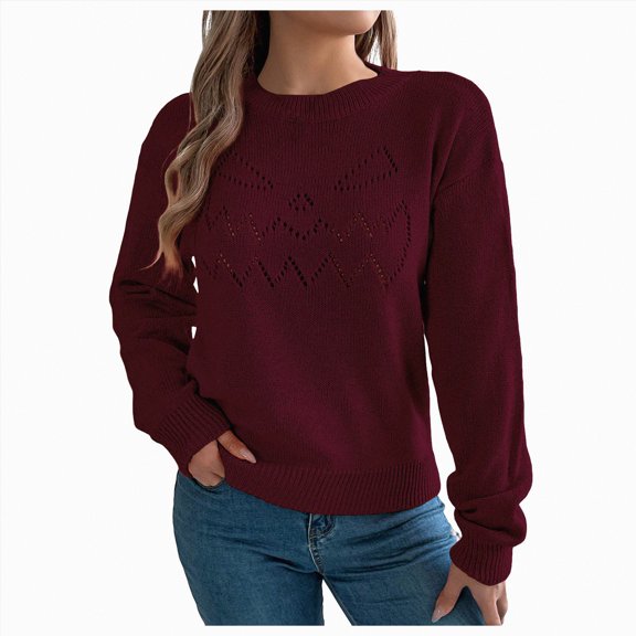 UngA Halloween Clothes for Women Sweaters for Women Casual Crewneck Long Sleeve Floral Print Cable Knit Pullover Sweater Tops Wine,M