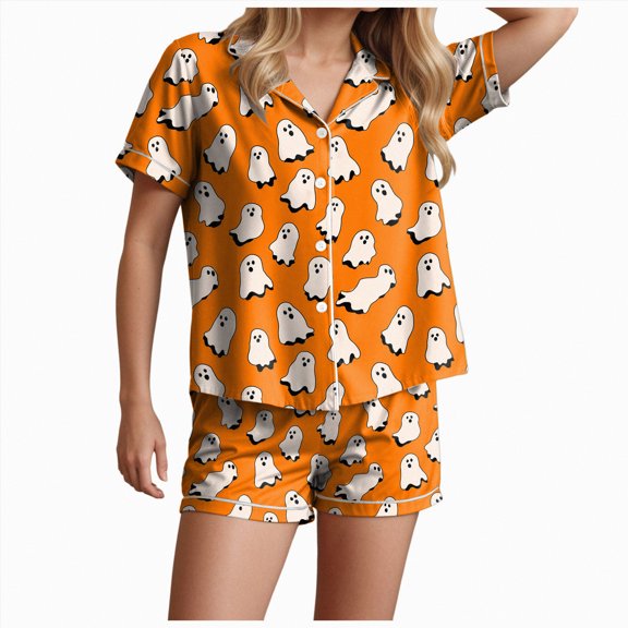 UngA Halloween Pajama Shorts Pajama Set for Women 2 Piece Lounge Set Short Sleeve Tops and Shorts Soft Sleepwear Loungewear Sweatsuits Light Yellow,M