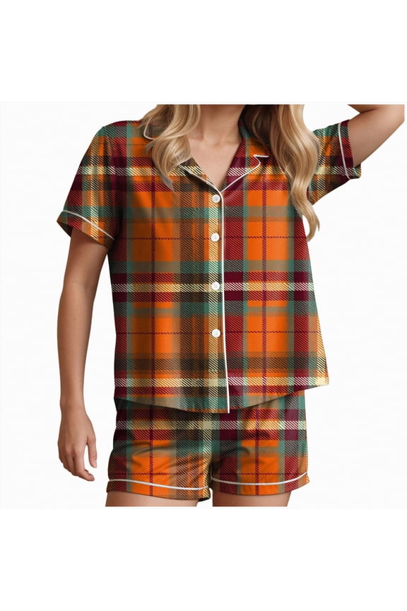 Halloween Pj Sets Funny Graphic Pajamas for Women Set Button Down Short Sleeve Top and Shorts Pjs Sets Sleepwear Orange,M