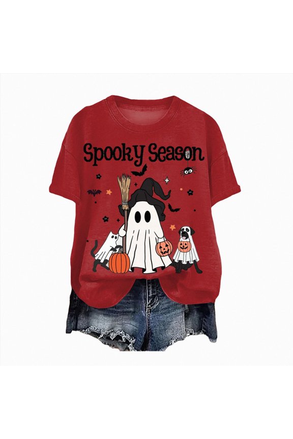 Halloween Shirts for Women Cute Fall Shirt Funny Print Letter Autumn Festival Short Sleeve Tee Tops Womens Halloween T Shirts(Red,M)