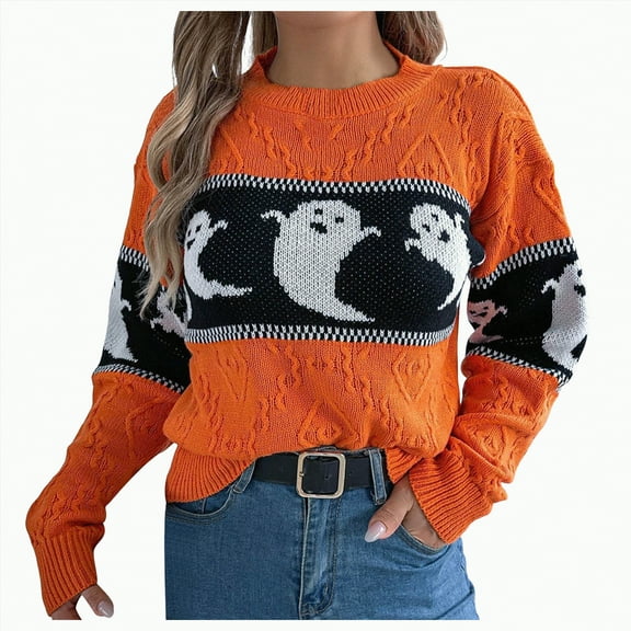 UngA Halloween Sweaters Halloween Spooky Season Oversized Sweatshirt Women Cute Ghost Sweatshirts Fall Embroidered Sweater Pullover Top Orange,S