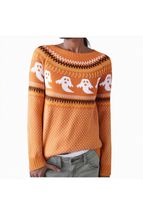 Halloween Sweatshirt Women Pumpkin-Sweatshirt Halloween Crewneck Shirt - Cats Graphic Printed Long Sleeve Loose Pullover Top Orange,S