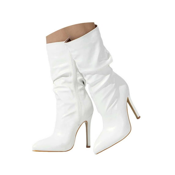 UngA High-Heeled Boots Knee High Boots for Women, Pointed Toe Stiletto High Heel Slouchy Suede with Side Zipper Tall Boots White,9