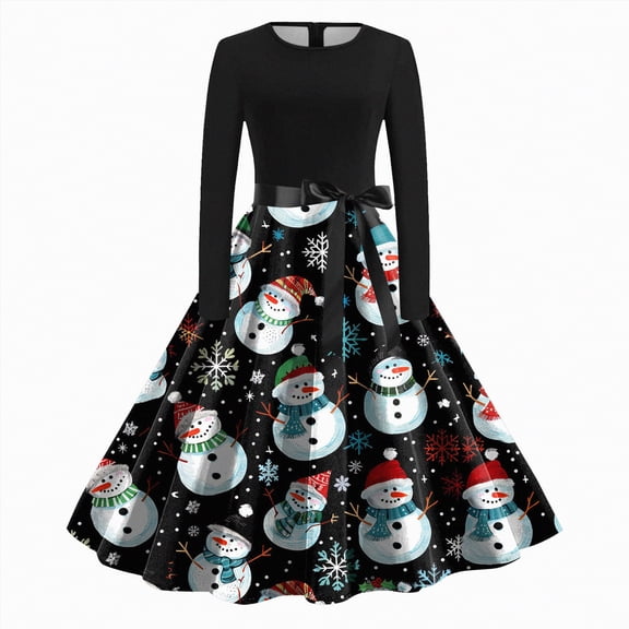 UngA Holiday Dresses for Women Long Dresses for Women Christmas Tree Print Long Sleeve A Line Dresses Xmas Holiday Zipper Maxi Dress Black,S