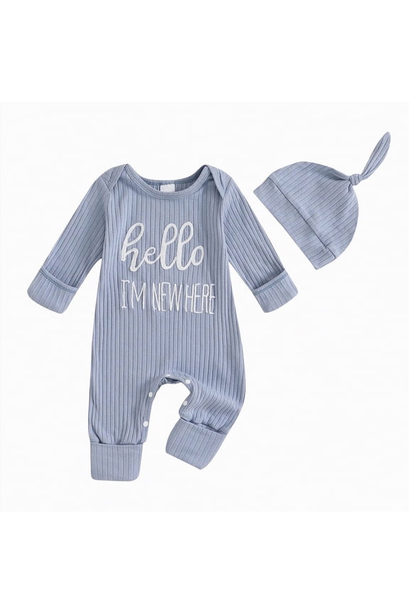 Im New Here Newborn Outfit Boy Long Sleeve Letter Romper Ribbed Knit Jumpsuit Infant Coming Home Outfit (Blue,3-6 Months)
