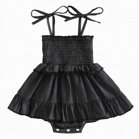 UngA Infant Baby Girl Summer Clothes Denim Romper Dress Newborn Baby Outfits Sleeveless Tie Up Shoulder Smocked Ruffle Bodysuit (Black,0-3 Months)