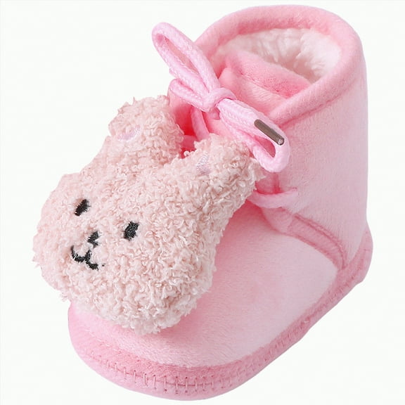 UngA Infant Girl Shoes Baby Booties Cozy Fleece Slippers Soft Baby Shoes With Gripper Soles, Winter Warm Infant Newborn Crib Sock Shoes Pink,14