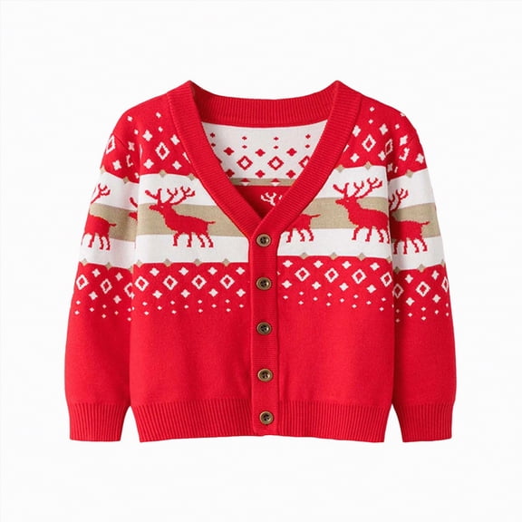 UngA Kids Christmas Cardigan Sweaters Xmas Reindeer Button Up Pullover Toddler Boys Girls Christmas Sweater (Red,3-4 Years)