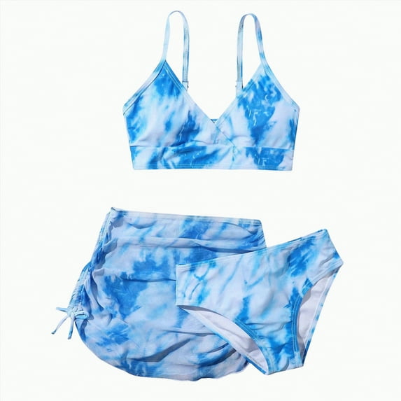 UngA Kids Girl Tie Dye Swimsuit 3 Piece Cover Up Bathing Suit Floral Printing Bikini for Girls Swimwear (Blue,8-9 Yeras)