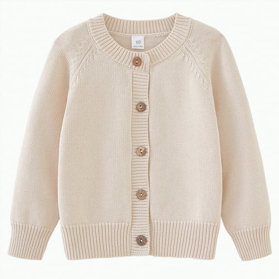 UngA Kids Girls Solid Color Sweater Cardigan Cotton Long Sleeve Crew Neck Button Down Tops Toddler Comfy Soft Fall Winter Clothes (Beige,4-5 Years)