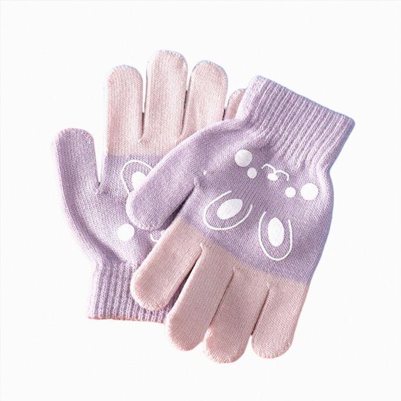 UngA Kids Gloves Winter Warm Knit Gloves, Cute Cat Full Finger Mittens for Girls Boys Cold Weather Wear (Purple,4-8 Years)