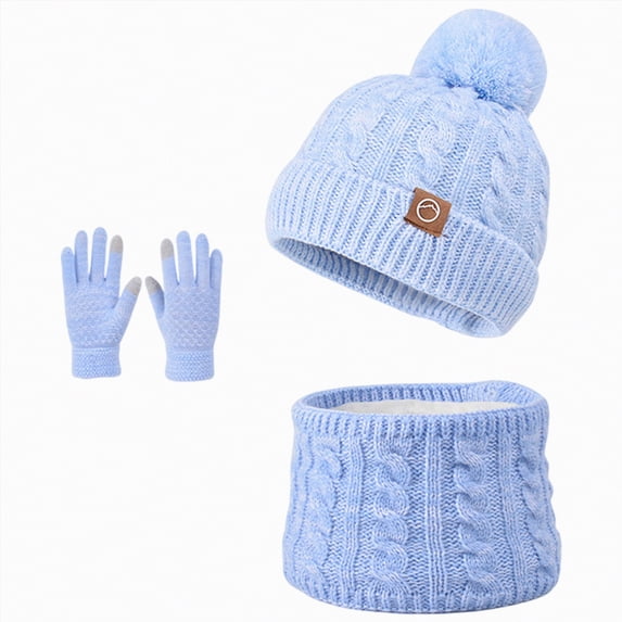 UngA Kids Pompom Winter Beanie Hat Scart Gloves Set,Boys Girls Knitted Fleece Lined Woollen Hat for Children's Toddler (Sky Blue,4-10 Years)