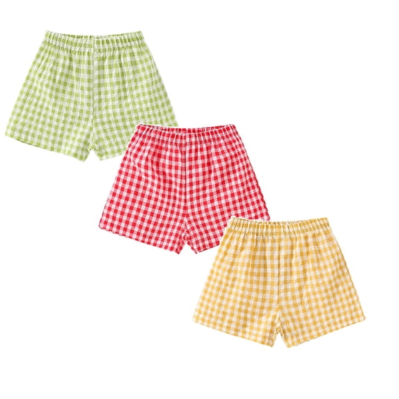 UngA Kids Toddler Boys Girls Gingham/Seersucker Shorts Elastic Waist Plaid Elastic Waist Shorts Pants Bottoms(3 Pairs,Red & Yellow & Green)