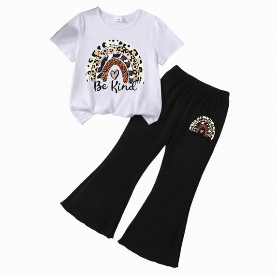 UngA Kids Toddler Girl Clothes Letter Print Graphic Top + Leopard Print Flare Leg Pants 2PC Summer Clothing Set,2-3 Years