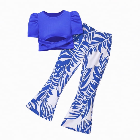 UngA Kids Toddler Girl Clothes Puff Sleeve Smocked Shirt Top Leaf Print Flare Leg Pants 2PC Summer Clothing Set 9-10 Years,Blue