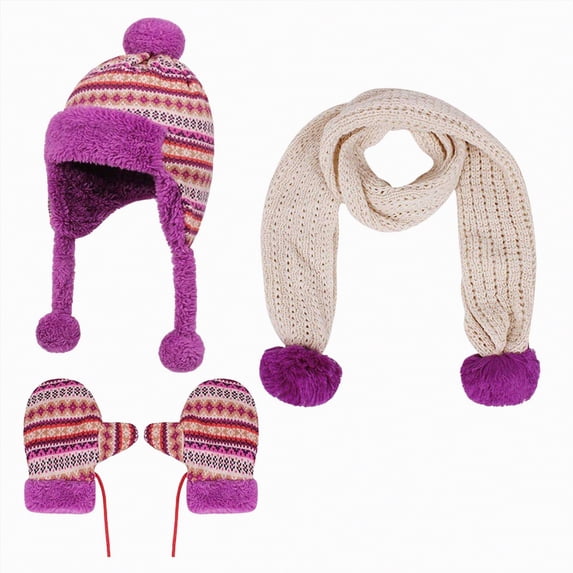 UngA Kids Winter Beanie Hat Gloves Scarf Set, Thick Knitted Warm Toddler Winter Hat Mittens Neck Warmer for Boys Girls (Dark Purple,2-8 Years)