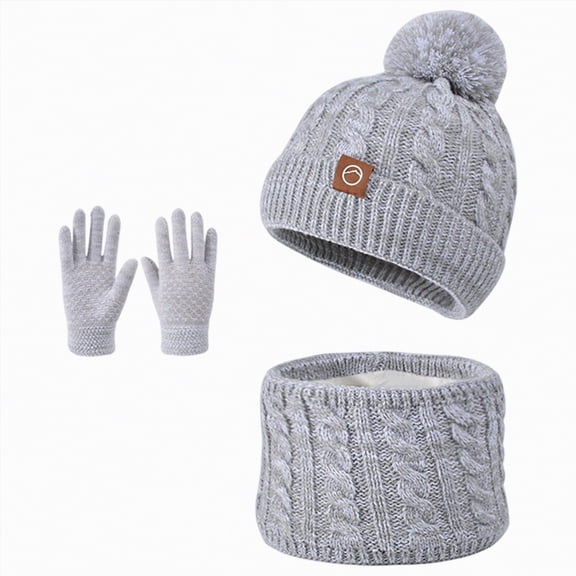 UngA Kids Winter Beanie Hat Scart Gloves Set,Girls Fleece Lined Knitted Pom Hat Neck Warmer Knit Gloves for Children (Grey,4-10 Years)