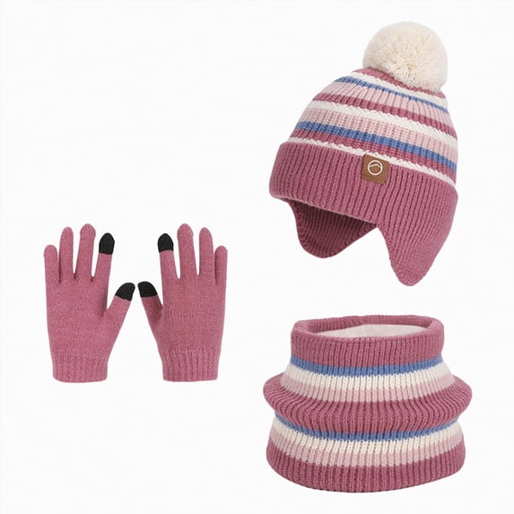 UngA Kids Winter Beanie Hat Scart Gloves Set,Girls Fleece Lined Knitted Pom Hat Neck Warmer Knit Gloves for Children (Pink,4-10 Years)