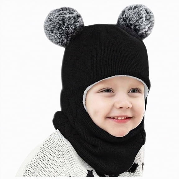 UngA Kids Winter Hat Scarf Boys Girls Knit Earflap Beanie Double Thicken Lining Windproof Ski Cap for Toddler Kids (Black,2-7 Years)