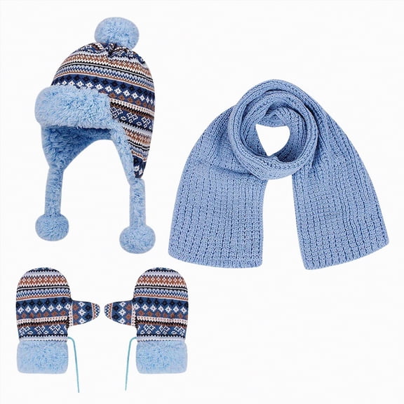 UngA Kids Winter Hat Scarf Gloves Set Children's Warm Knit Fleece Lined Pompom Hat for Kids Boys and Girls (Light Blue,2-8 Years)