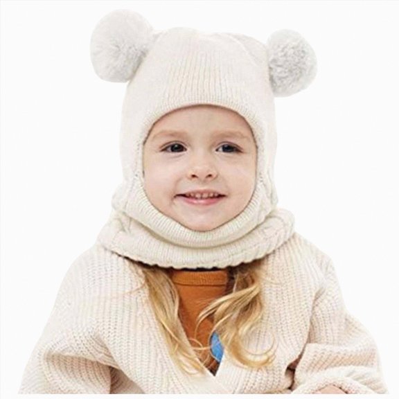 UngA Kids Winter Hat Scarf, Toddler Scarf Hat for Girls with Pom Knit Neck Warmer Gaiter Mittens Fleece Lined Set for Kids (Beige,2-7 Years)