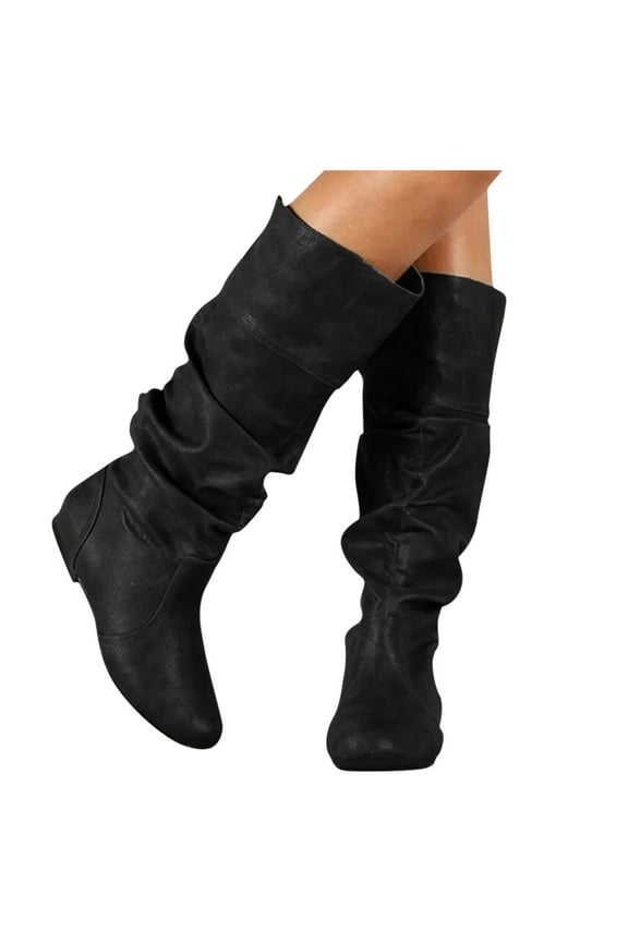 Knee Length Boots For Women Fashion Slouch No Heels Wide Calf Knee High Tall Boots Ladies (Black,10)