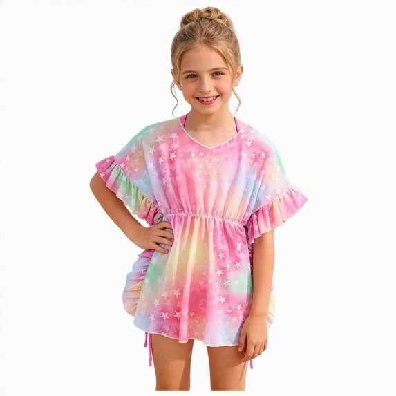 UngA Little Girl Beach Cover Up Dress Ruffle Sleeve Swimsuit Cover Up Kids Bathing Suit for Girls (Pink,5-6 Years)