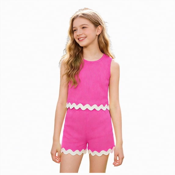UngA Little Kid Girl's 2 Piece Outfits Sleeveless Rib Knit Sleeveless Cropped Tank Tops Shorts Set Toddler Kids Girl Tracksuit Ribbed Summer 4-5 Years,Hot Pink