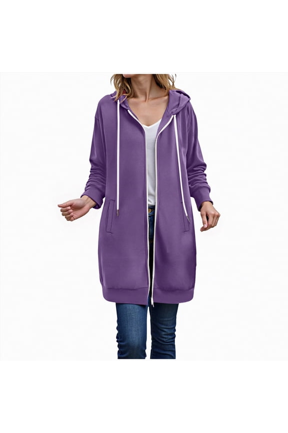Long Hoodies for Women Long Sleeve Fall Long Tunic Hooded Sweatshirt Oversized Fleece Jacket With Pockets Fall Coats 2025 Women's Zip Up Hoodie (Purple,S)